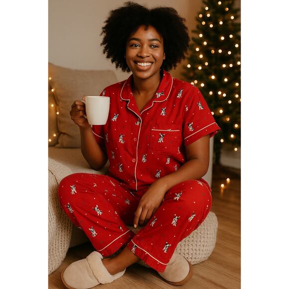 LOFT Sleep Red Dog Print Pajama Set Size M Cotton Viscose Button Top Pants - Picture 1 of 9